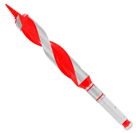 A studio product shot of the Diablo DAG1090 3/4" x 7-1/2" Wood Auger Bit. The tool features a silver spiral steel body with red flutes, a self-feeding Dura-Tip threaded point, and a 7/16 inch hex quick-change shank.