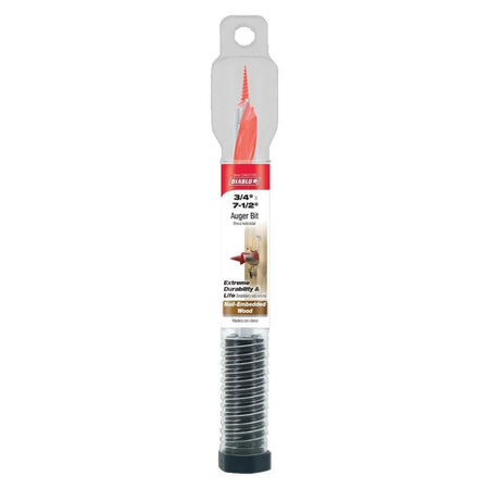 The retail display packaging for the Diablo 3/4 inch x 7-1/2 inch wood auger bit. The tool is visible through clear plastic with a label highlighting its 3/4 inch diameter and 7-1/2 inch length.