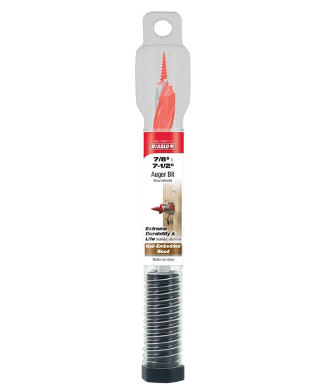 Retail packaging for a Diablo 7/8 inch x 7-1/2 inch wood auger bit. The packaging indicates it features a self-feeding Dura-Tip and dual cutting edges for use in nail-embedded wood.