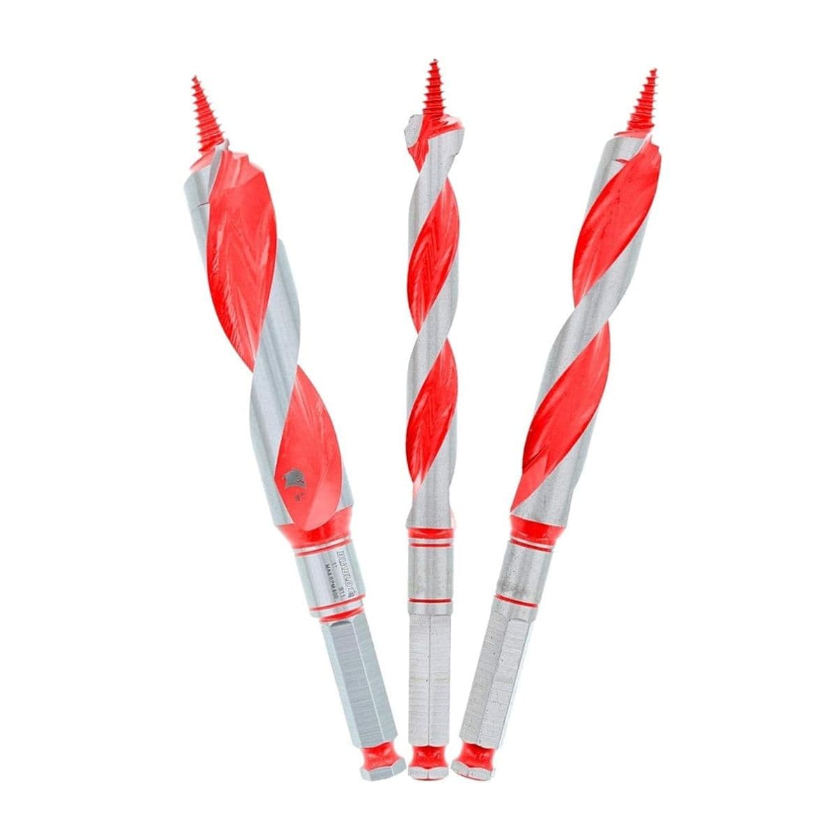 A studio shot of the Diablo DAG1900-S3 3-piece wood auger bit set against a white background, featuring red and silver high-speed steel bits with 7/16-inch quick-change hex shanks in 5/8-inch, 3/4-inch, and 1-inch diameters.