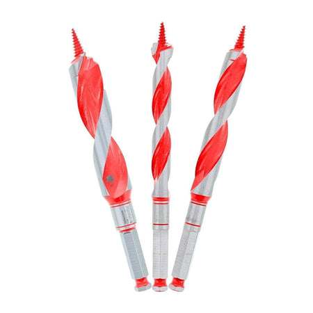 A studio shot of the Diablo DAG1900-S3 3-piece wood auger bit set against a white background, featuring red and silver high-speed steel bits with 7/16-inch quick-change hex shanks in 5/8-inch, 3/4-inch, and 1-inch diameters.