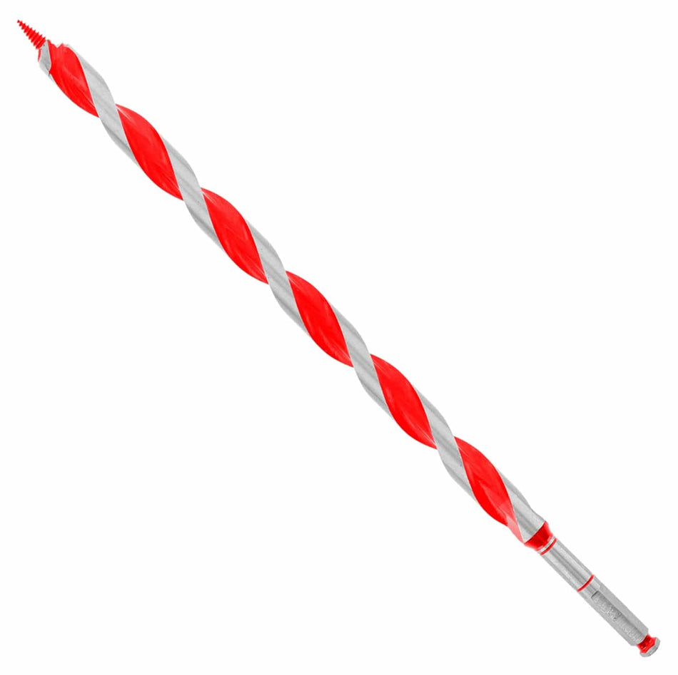 Diablo DAG3090 7/8-inch x 17-1/2-inch wood auger drill bit featuring a red and silver spiral design with a self-feeding Dura-Tip and 7/16-inch hex quick-change shank.