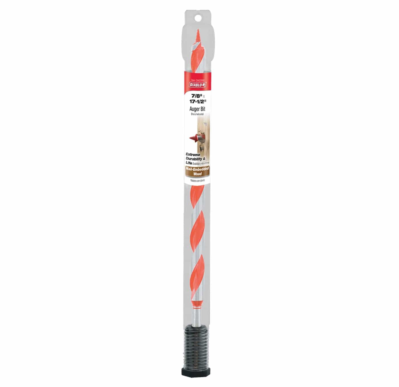 Diablo DAG3090 7/8-inch auger bit in original retail packaging, highlighting its 17-1/2-inch length and extreme durability for drilling through nail-embedded wood.