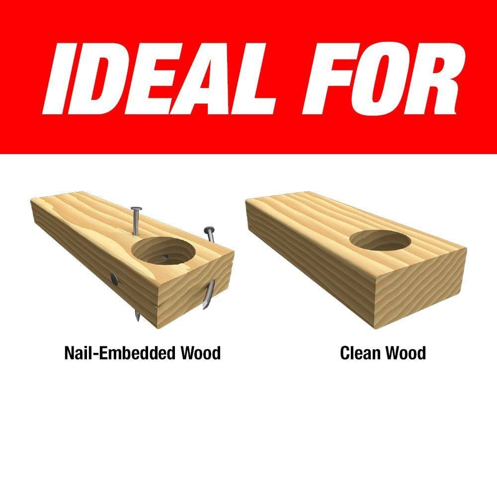 Infographic demonstrating that the Diablo wood auger bit is ideal for both nail-embedded wood and clean lumber, showcasing a clean hole drilled through a wood stud with metal nails.