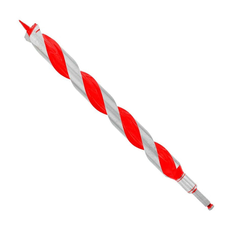 A studio product shot of the Diablo 1-1/2 inch x 17-1/2 inch auger bit. The tool features a long, silver spiral steel body with a red-painted flute for fast chip removal. It includes a self-feeding Dura-Tip threaded point and a 7/16-inch hex shank for quick-change drill drivers.