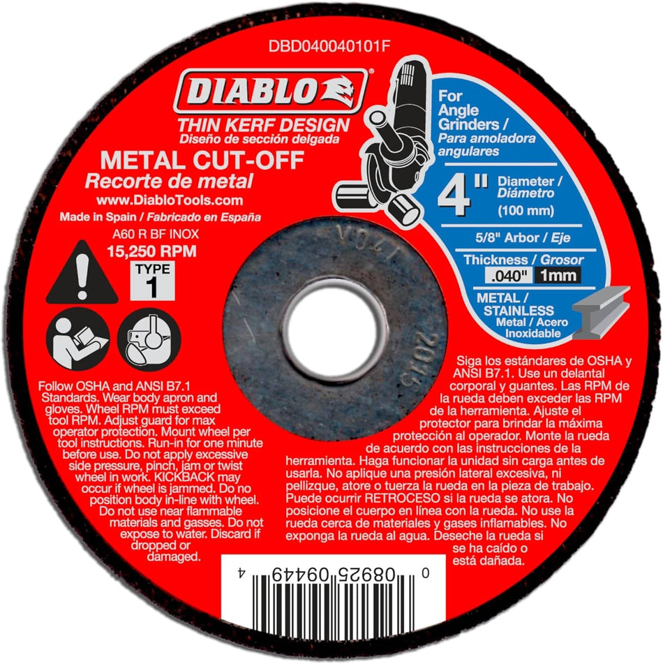 The image shows a red Diablo 4-inch thin kerf metal cut-off wheel. The wheel has safety instructions and specifications printed on its surface, indicating it's designed for angle grinders and suitable for cutting metal and stainless steel at a maximum of 15,250 RPM.