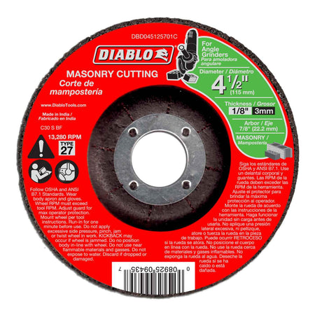 Diablo DBD045125701C 4-1/2-inch Type 27 depressed center masonry cutting disc featuring a 1/8-inch thickness and 7/8-inch arbor for cutting concrete and brick.