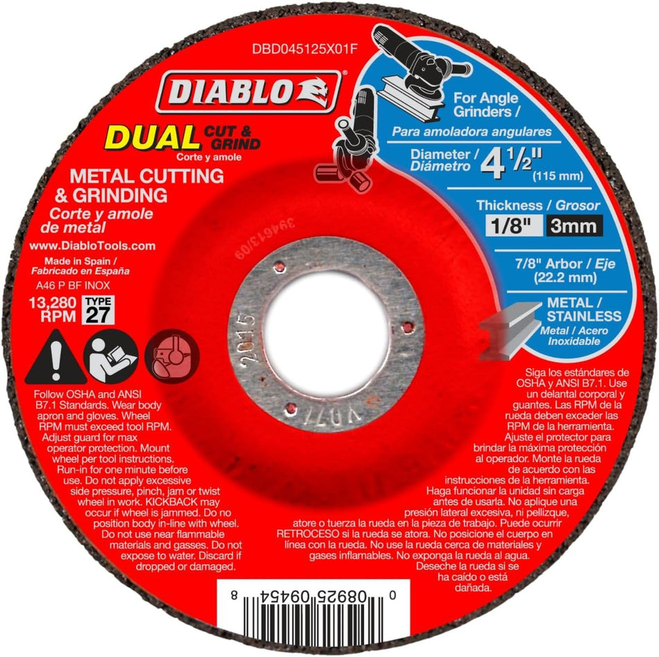 The image shows a red Diablo 4 1/2-inch Dual Cut & Grind wheel designed for metal. The wheel has safety instructions and specifications printed on it, including a maximum speed of 13,280 RPM and its suitability for both cutting and grinding metal and stainless steel.
