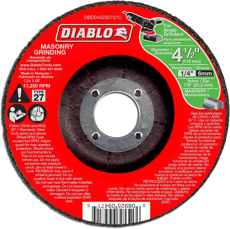 This is a circular masonry grinding disc, primarily red with a black abrasive surface and a silver metal center. The disc is branded "DIABLO MASONRY GRINDING" and includes text indicating its "4 1/2"" diameter, "1/4"" thickness, and compatibility with angle grinders, along with safety warnings.
