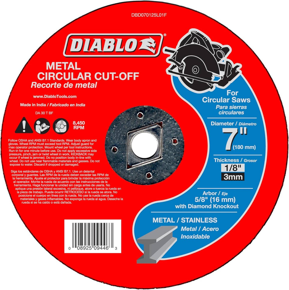 This is a round, vibrant red metal cut-off disc, designed for circular saws, with a silver metal center and a white barcode at the bottom. The disc features black and white text indicating the "DIABLO" brand, its "7" (180 mm) diameter, "1/8" (3 mm) thickness, and usage instructions, along with a graphic of a circular saw.