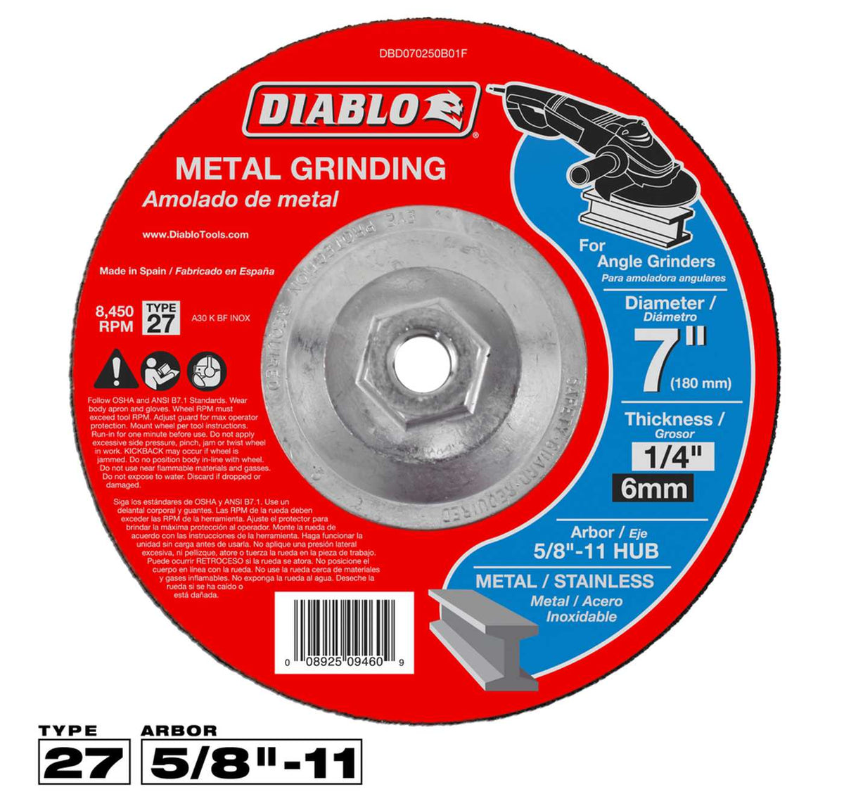 Diablo DBD070250B01F 7-inch Type 27 metal grinding disc featuring a 5/8-inch-11 threaded hub and 1/4-inch thickness for heavy-duty metal removal and weld smoothing.