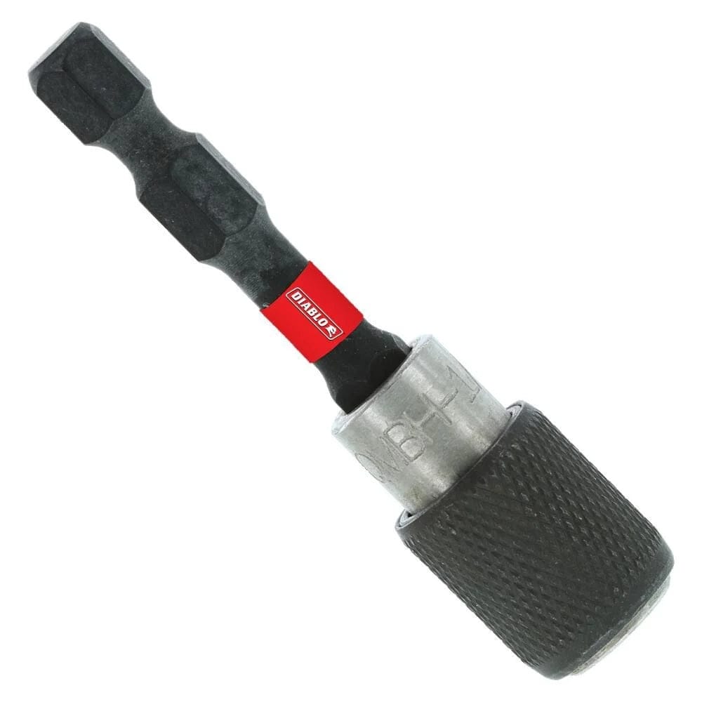 A full profile view of a Diablo 2-3/8 inch quick-change magnetic bit holder featuring a black finish, a red branding band, and a textured black locking sleeve