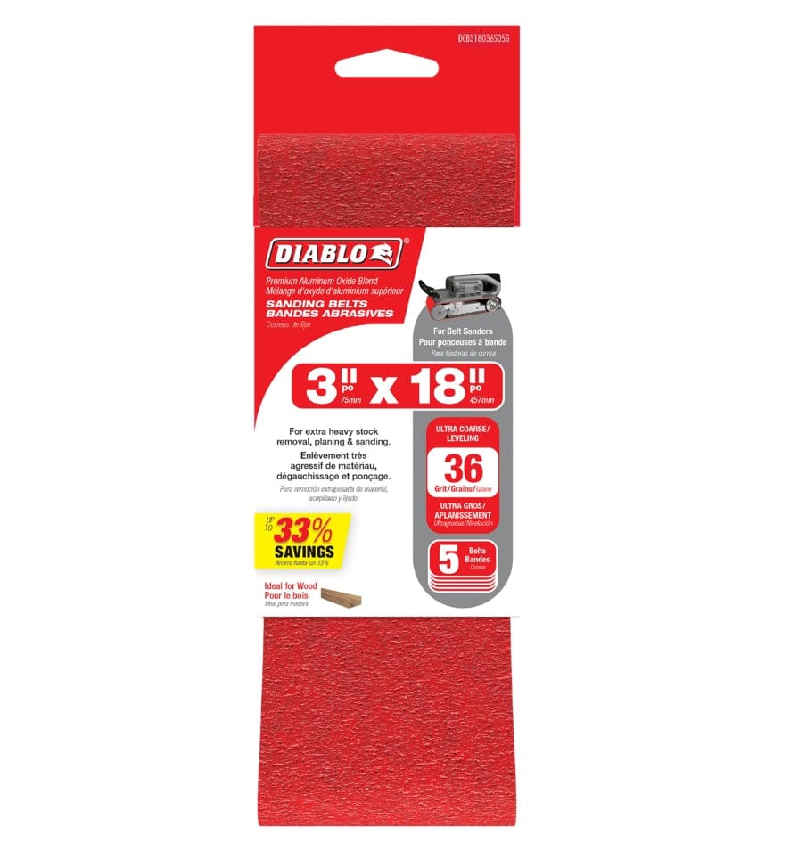 A 5-pack of Diablo 3 inch x 18 inch 36 grit sanding belts in a cardboard sleeve, highlighting up to 3 times longer sanding life for wood, metal, and plastic.