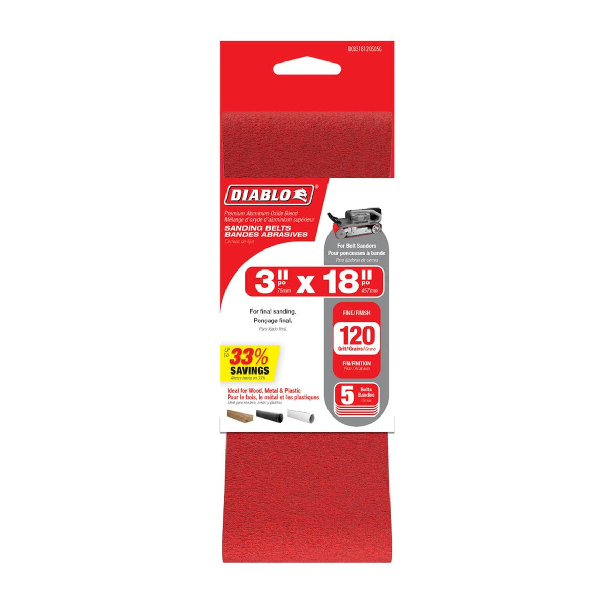Diablo DCB318120S05G sanding belt 5-pack retail packaging highlighting the 3-inch by 18-inch dimensions, fine 120-grit grade, and compatibility with wood, metal, and plastic.