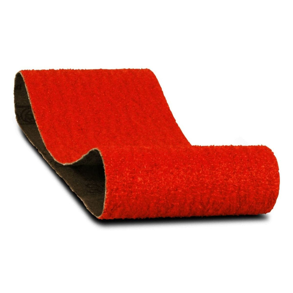 Diablo 3x21 inch 36 grit zirconium blend sanding belt featuring an ultra-coarse red abrasive surface and high-strength cloth backing for aggressive heavy stock removal.