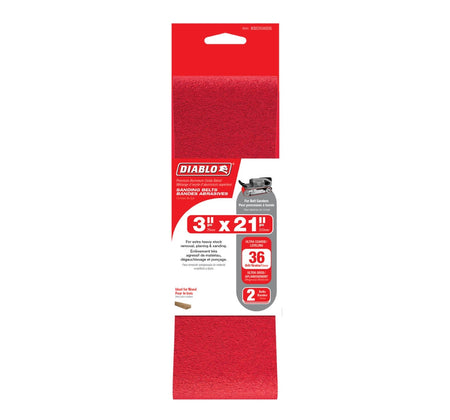 Retail packaging for the Diablo DCB321036S05G sanding belt set highlighting the 3-inch by 21-inch size, 36 grit ultra-coarse grade, and professional suitability for wood, metal, and plastic.
