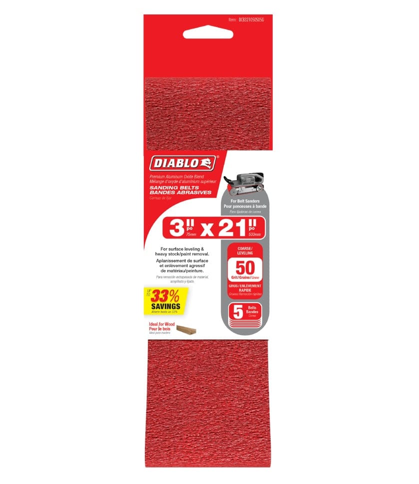 A 5-pack of Diablo 3 inch x 21 inch 50 grit coarse sanding belts in a cardboard sleeve, highlighting up to 3 times longer sanding life for wood, metal, and plastic.