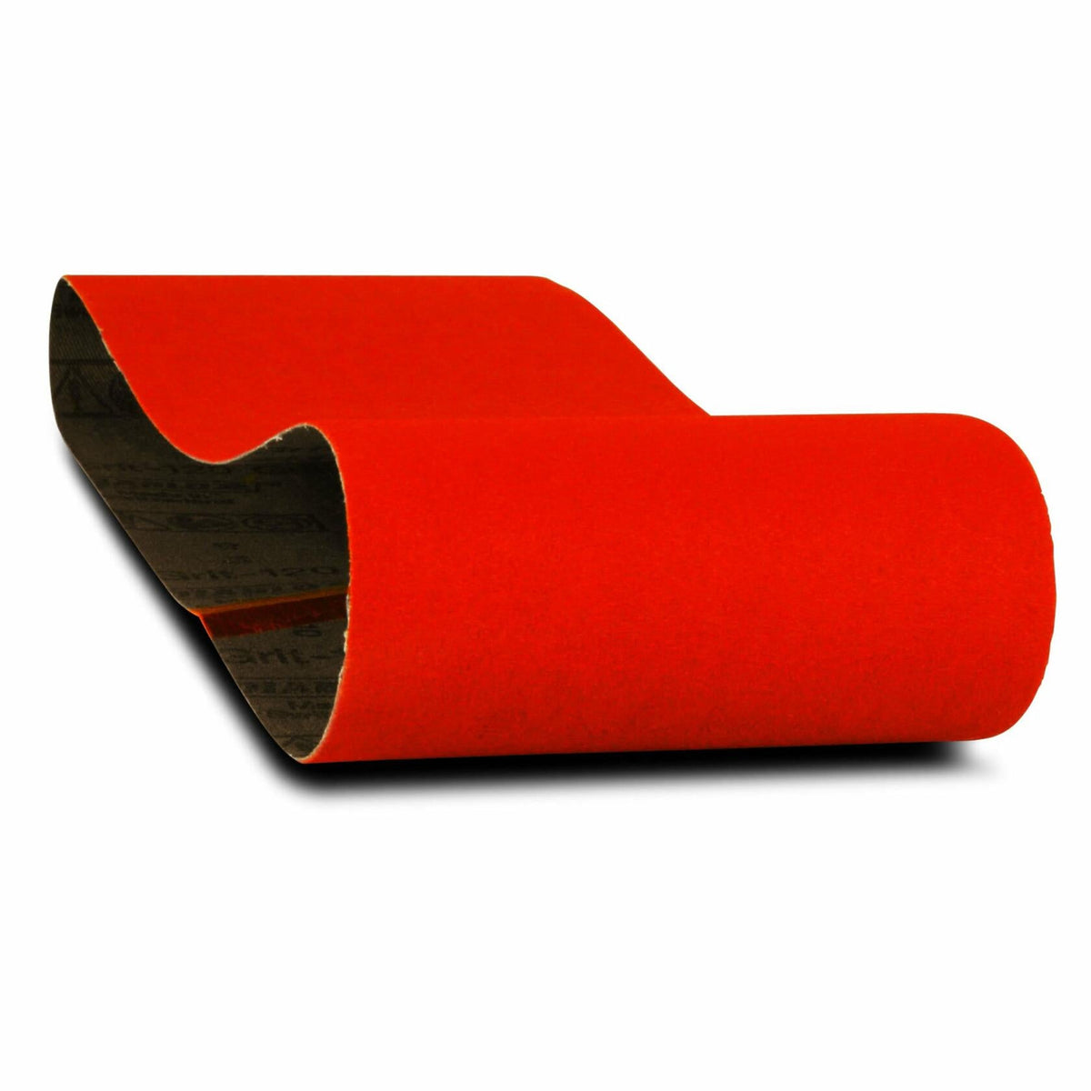 Curled, close-up product photo of the Diablo 4 inch by 24 inch 80-grit zirconium sanding belt on a white background, highlighting the red abrasive surface and durable cloth backing.