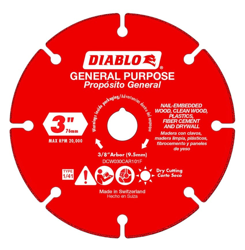A studio photograph of the red Diablo DCW030CAR101F 3-inch carbide grit multi-material cut-off wheel, highlighting its universal 3/8-inch arbor and compatibility with wood, plastics, fiber cement, and drywall.