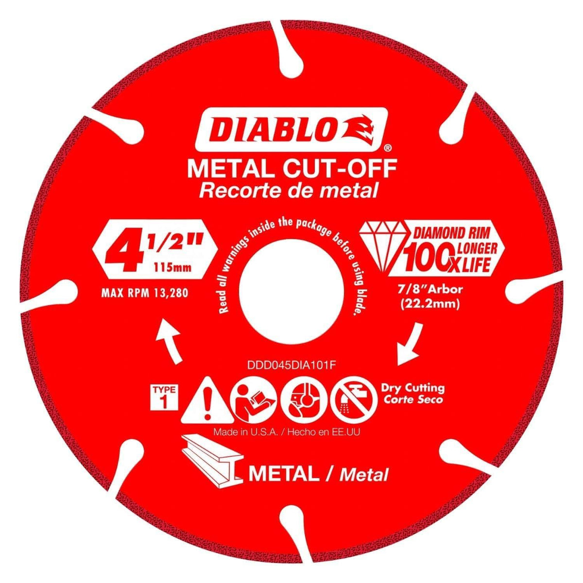 Studio shot of the red Diablo 4-1/2 inch diamond metal cut-off disc, displaying the segmented rim, branding, and specifications.