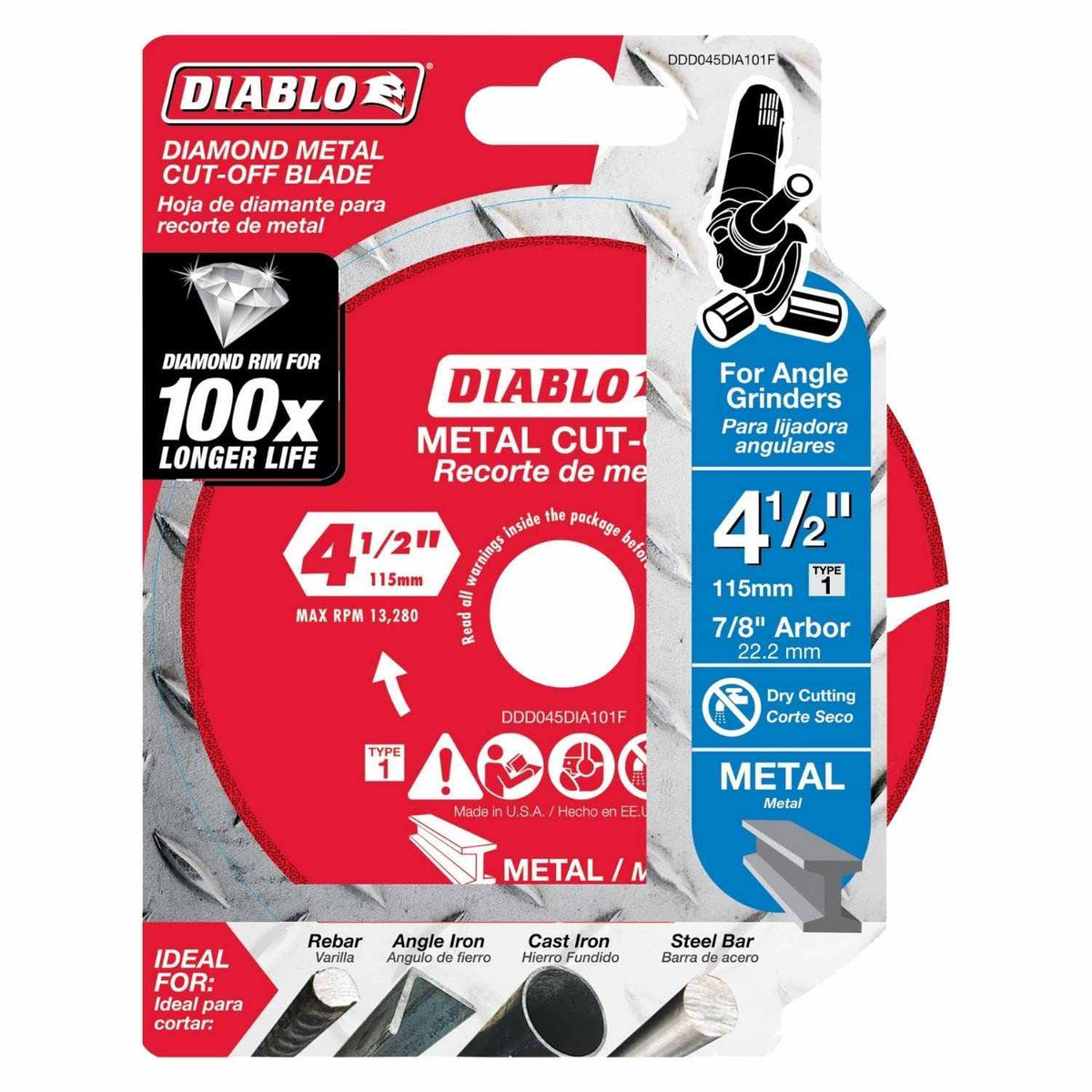 Retail packaging for the Diablo 4-1/2 inch diamond metal cut-off blade, featuring a graphic of an angle grinder and icons for 100x longer life and compatible materials.