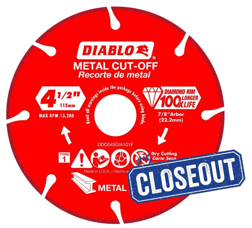 Studio view of the red Diablo diamond metal cut-off disc with a blue "CLOSEOUT" stamp graphic overlaid on the bottom right.