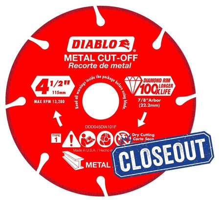 Studio view of the red Diablo diamond metal cut-off disc with a blue "CLOSEOUT" stamp graphic overlaid on the bottom right.