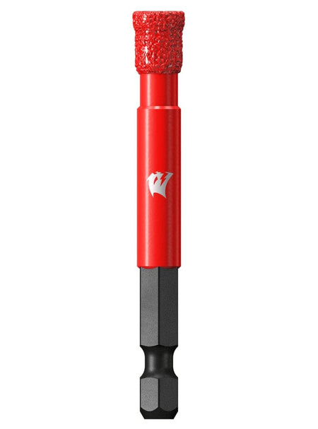 A studio shot of the Diablo 5/16-inch diamond grit hole saw, featuring a slim red body with a continuous diamond grit cutting rim and a black hex shank for handheld drill compatibility.