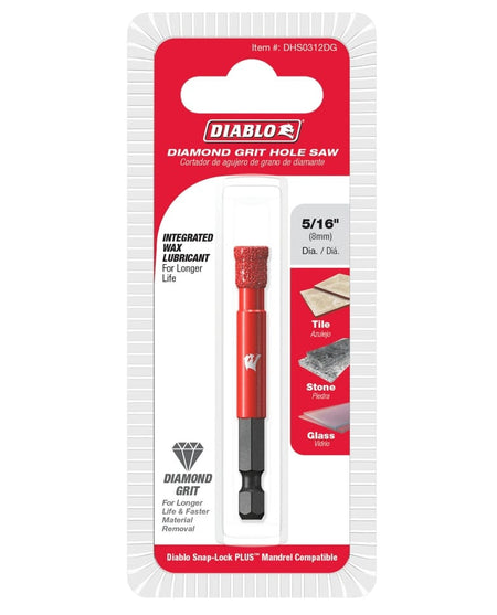 Retail packaging for the Diablo 5/16-inch diamond grit hole saw, displaying the red tool in a clear plastic shell with a label indicating an integrated wax lubricant for longer life during tile and stone drilling.