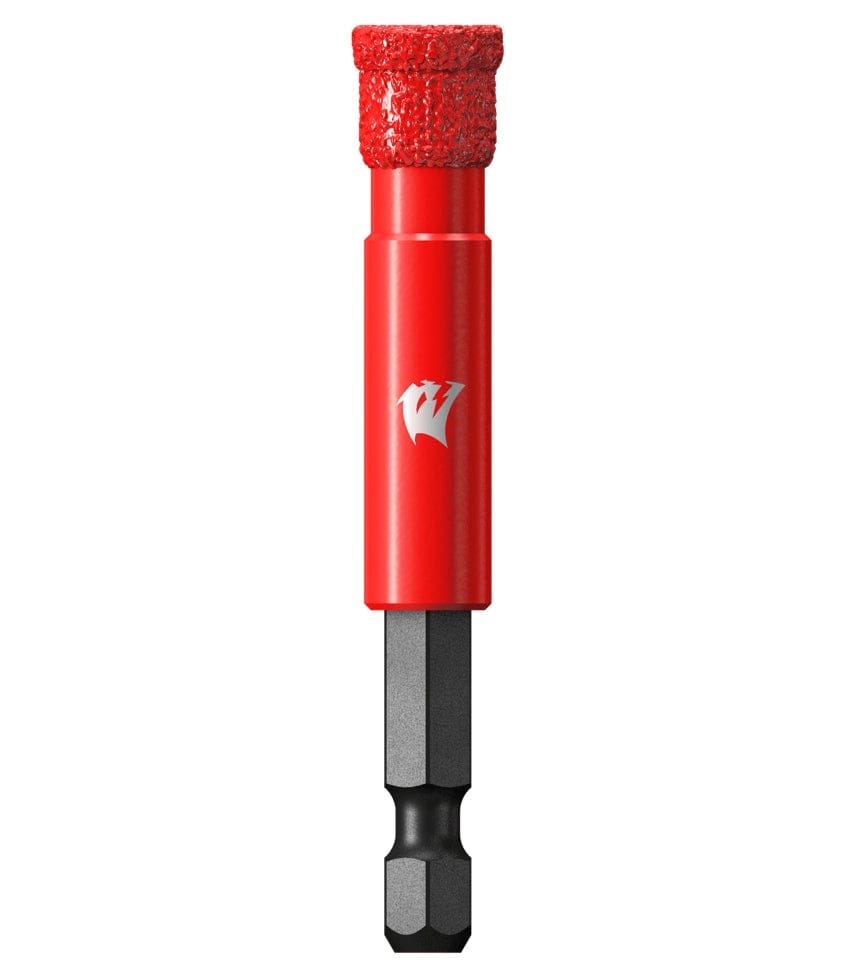 A high-quality studio shot of the Diablo 3/8-inch diamond grit hole saw. The tool has a slender red cylindrical body and a precise diamond grit rim. The base features a black 1/4-inch hex shank for secure attachment to power drills.