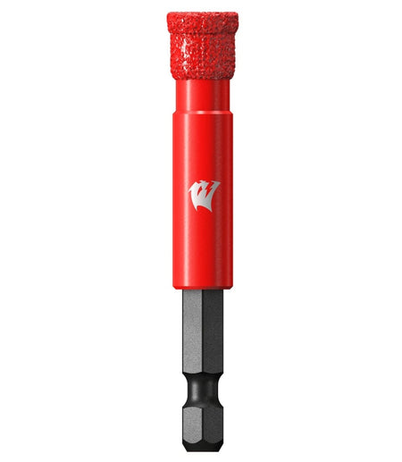 A high-quality studio shot of the Diablo 3/8-inch diamond grit hole saw. The tool has a slender red cylindrical body and a precise diamond grit rim. The base features a black 1/4-inch hex shank for secure attachment to power drills.