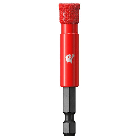A high-quality studio shot of the Diablo 3/8-inch diamond grit hole saw. The tool has a slender red cylindrical body and a precise diamond grit rim. The base features a black 1/4-inch hex shank for secure attachment to power drills.