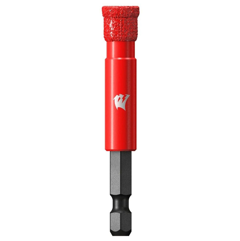 A high-quality studio shot of the Diablo 3/8-inch diamond grit hole saw. The tool has a slender red cylindrical body and a precise diamond grit rim. The base features a black 1/4-inch hex shank for secure attachment to power drills.