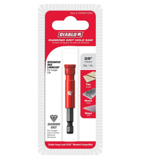 Retail packaging for the Diablo 3/8-inch diamond grit hole saw. The package highlights the "Integrated Wax Lubricant" feature, which reduces friction and heat during drilling in porcelain, granite, and glass.