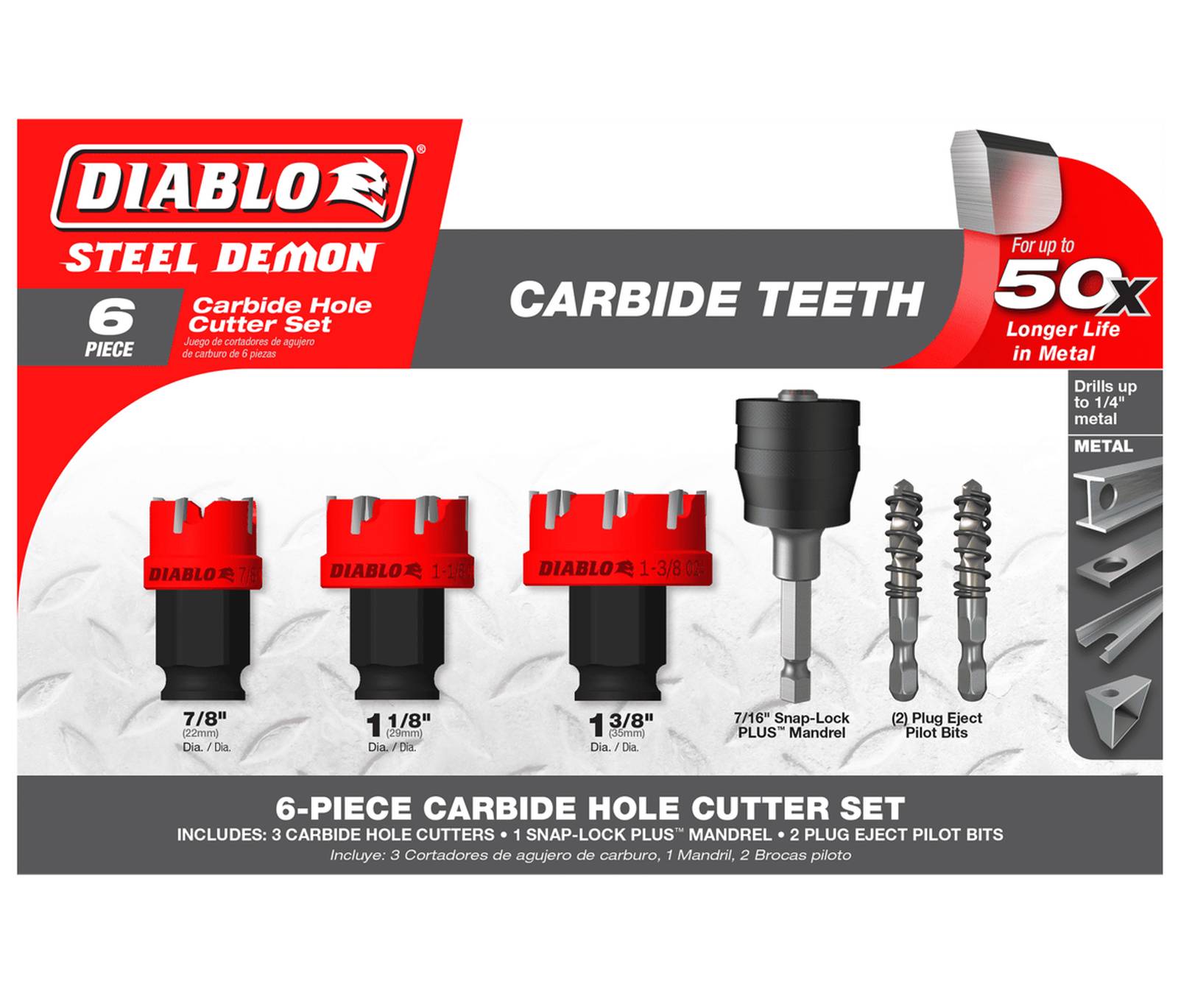 The retail packaging for the Diablo Steel Demon 6-piece carbide hole cutter set, showing the three hole saws, Snap-Lock mandrel, and two pilot bits.