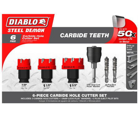 The retail packaging for the Diablo Steel Demon 6-piece carbide hole cutter set, showing the three hole saws, Snap-Lock mandrel, and two pilot bits.