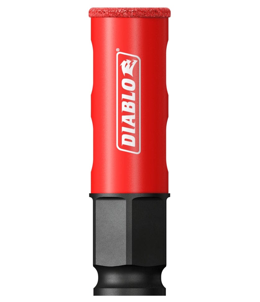 A studio shot of the Diablo 3/4-inch diamond grit hole saw featuring a long, cylindrical red body with a continuous diamond grit cutting rim and a black hex shank at the base.