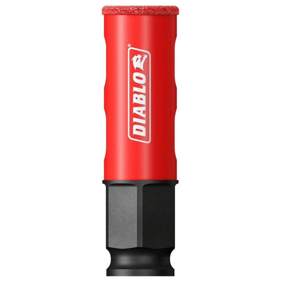 A studio shot of the Diablo 3/4-inch diamond grit hole saw featuring a long, cylindrical red body with a continuous diamond grit cutting rim and a black hex shank at the base.