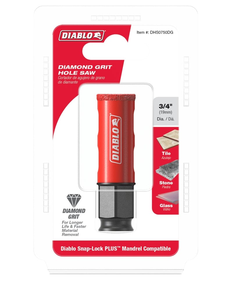 Retail packaging for the Diablo 3/4-inch diamond grit hole saw, displaying the tool in a clear plastic shell with text highlighting its 10x longer life and compatibility with the Snap-Lock PLUS mandrel system.