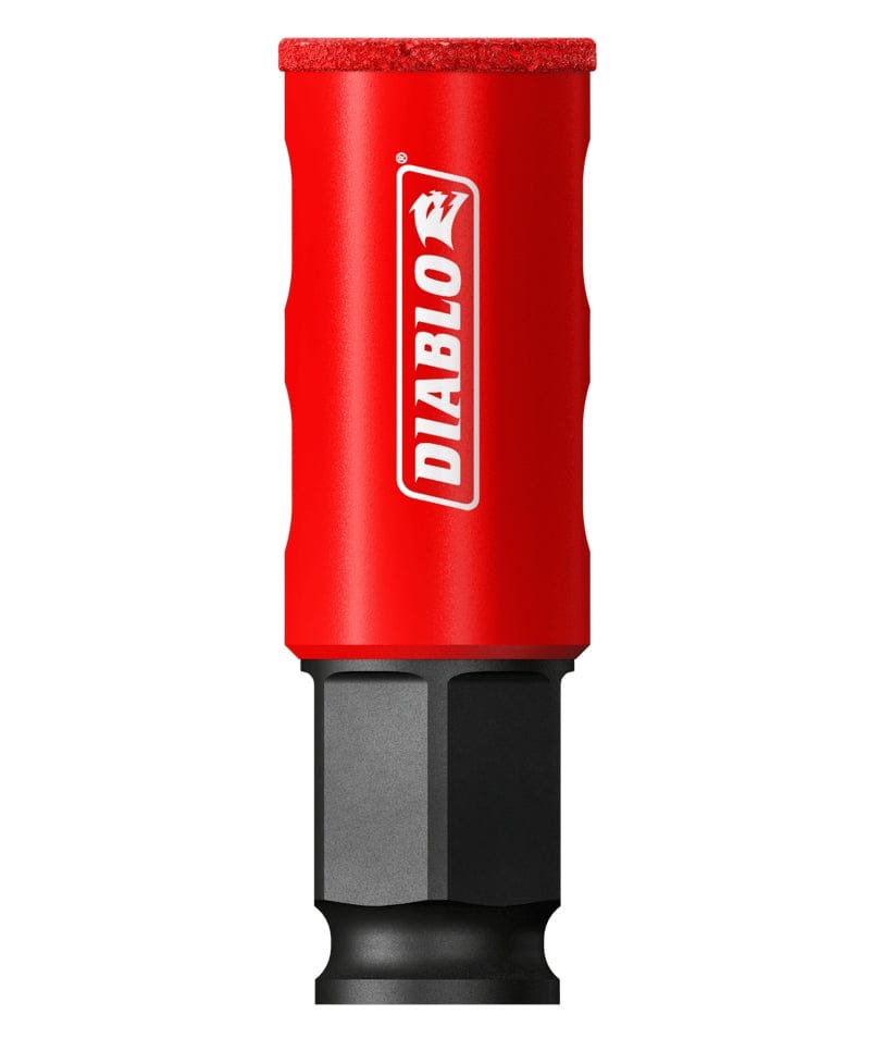 A studio shot of the Diablo 7/8 inch diamond grit hole saw featuring a cylindrical red body with an abrasive diamond grit rim and a black hex shank at the base.