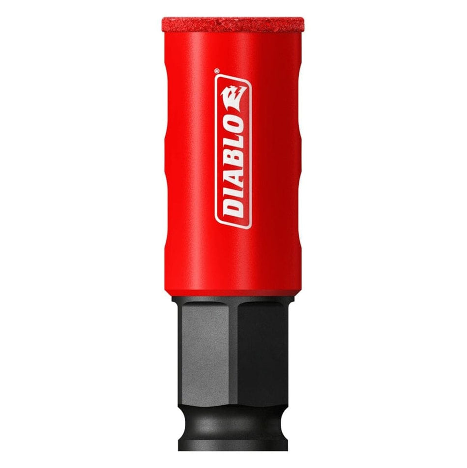 A studio shot of the Diablo 7/8 inch diamond grit hole saw featuring a cylindrical red body with an abrasive diamond grit rim and a black hex shank at the base.