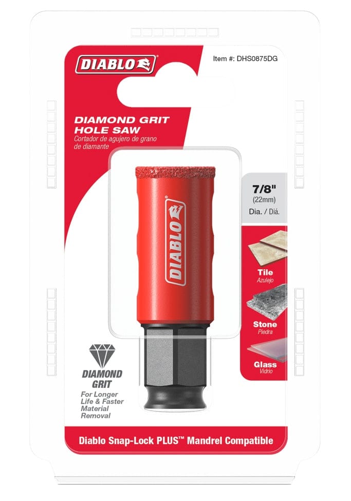 Retail packaging for the Diablo 7/8 inch diamond grit hole saw, displaying the tool in a clear plastic shell with diagrams showing its suitability for tile, stone, and glass.