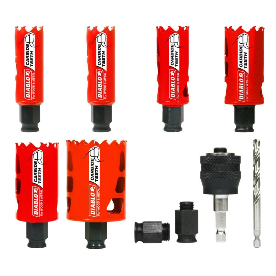 A studio shot of the Diablo 9-piece general purpose hole saw set, showing all six red carbide hole saws, the Snap-Lock mandrel, adapters, and the pilot drill bit.
