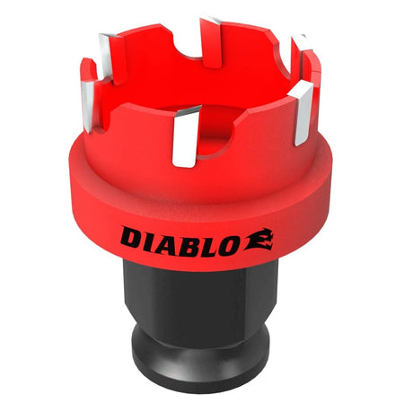 A professional studio shot of the Diablo 1-1/8 inch Steel Demon carbide teeth hole cutter. The tool features a bright red body with high-density carbide teeth along the cutting rim and an integrated depth stop collar. The base is a black hex shank for mandrel mounting.