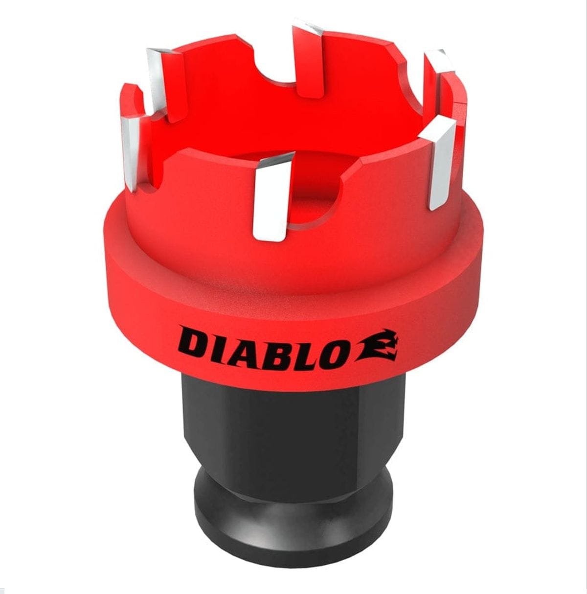 A professional studio shot of the Diablo 1-1/8 inch Steel Demon carbide teeth hole cutter. The tool features a bright red body with high-density carbide teeth along the cutting rim and an integrated depth stop collar. The base is a black hex shank for mandrel mounting.