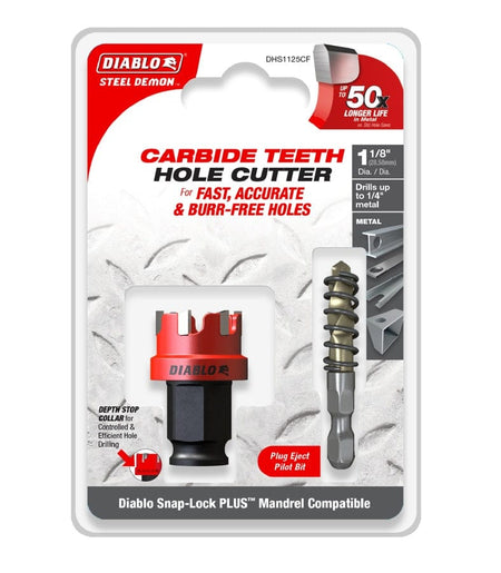 Retail packaging for the Diablo 1-1/8 inch Steel Demon carbide teeth hole cutter. The packaging showcases the cutter and a separate pilot bit, highlighting its 50x longer life in metal and ability to drill up to 1/4 inch thick materials.