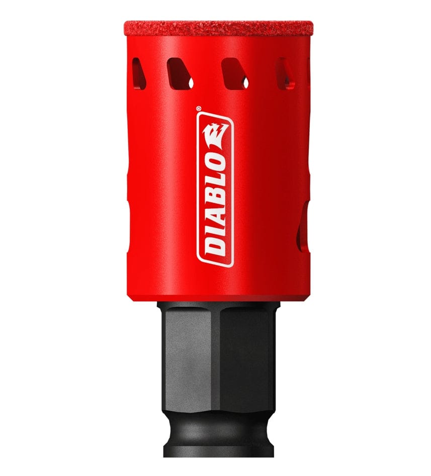 A studio shot of the Diablo 1-1/8 inch diamond grit hole saw, featuring a long, cylindrical red body with an abrasive diamond grit rim and a black hex shank at the base.