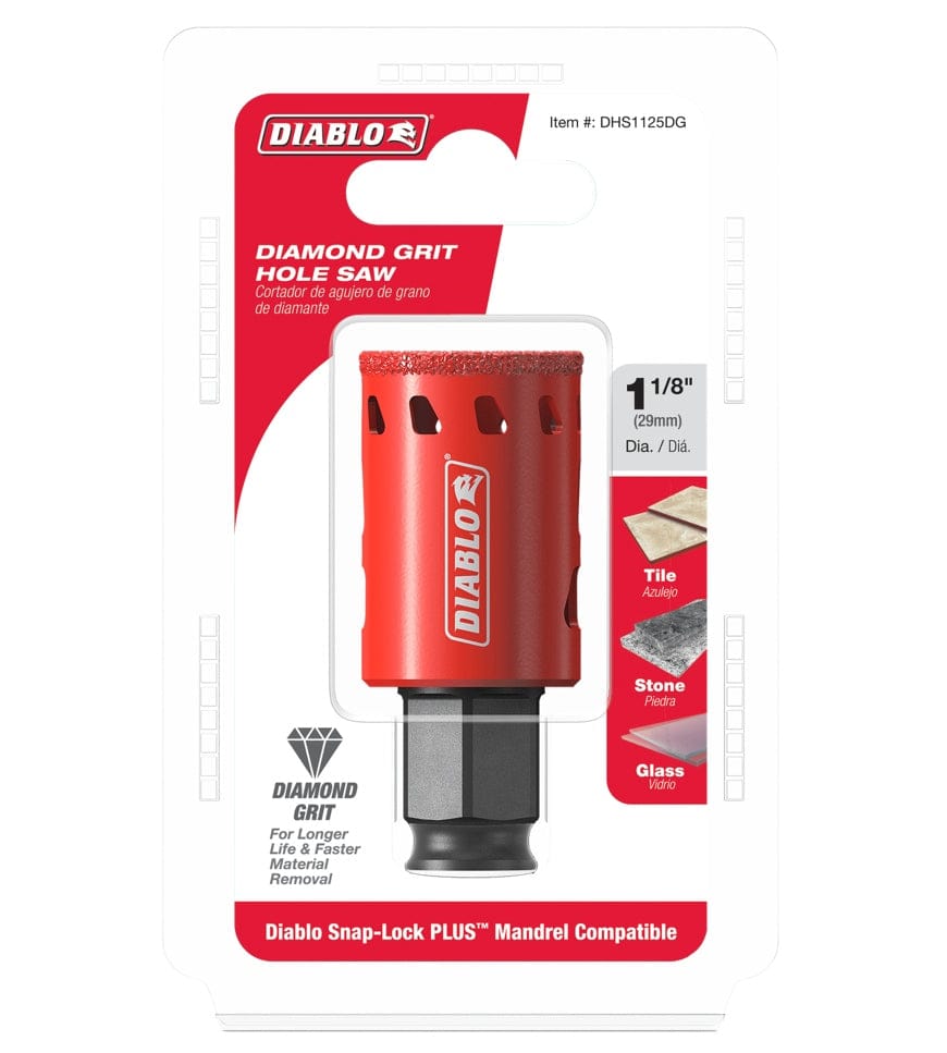 Retail packaging for the Diablo 1-1/8 inch diamond grit hole saw, displaying the red tool in a clear plastic shell with information about its suitability for tile, stone, and glass.