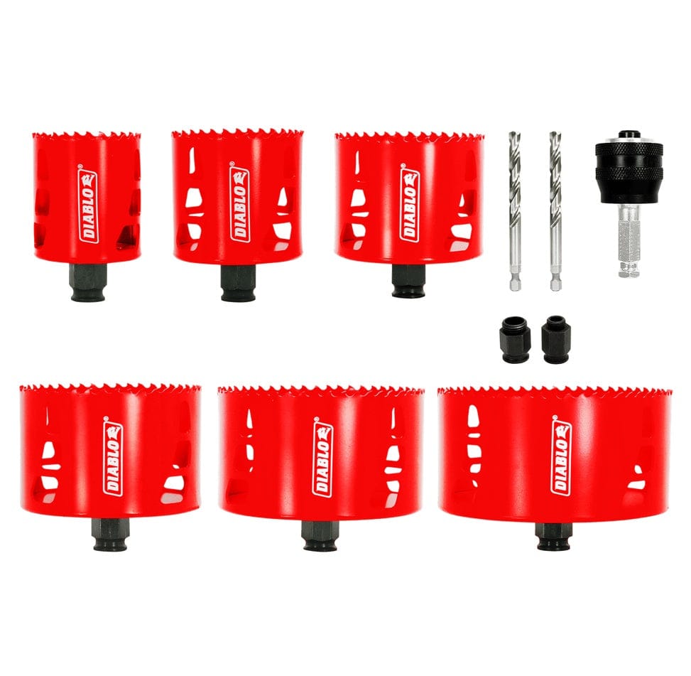 Unboxed Diablo hole saw set with seven red saw cups, two pilot bits, two adaptors, and one mandrel with attached bit.