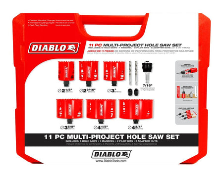 Packaged Diablo 11-piece hole saw set with labeled components and visual instructions for mandrel use and plug ejection.